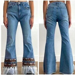 Moda Luxe BOHO Flare Bell Bottom Jeans with Bohemian Embellished Hem, Coachella